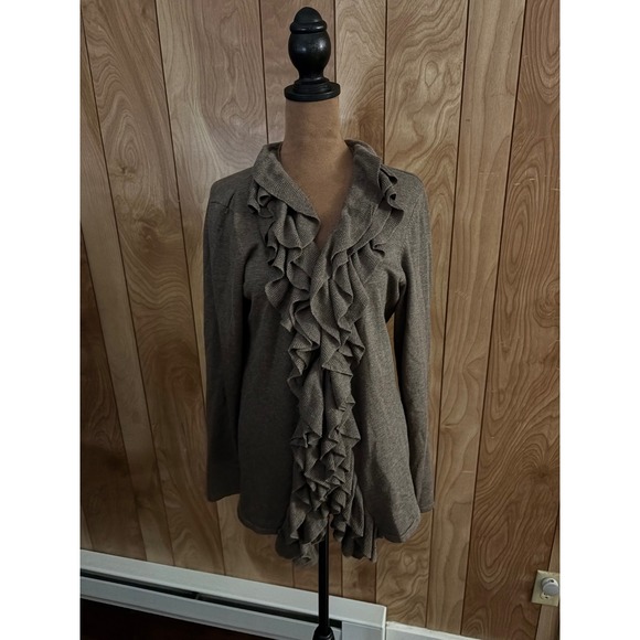 Chelsea & Theodore Sweaters - Chelsea‎ & Theodore Brown Ruffle Front Open Cardigan Sweater Womens Large